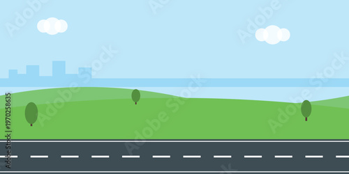 Road, highway, landscape, green hills, blue sky, vector illustration