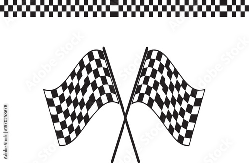 Racing checkered flags, black and white vector icons, speed and competition symbols, motorsport and racing elements