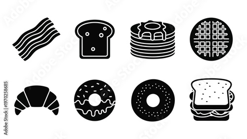 A collection of breakfast food icons displayed in a simple flat style showcasing common morning meal options silhouette high quality professional