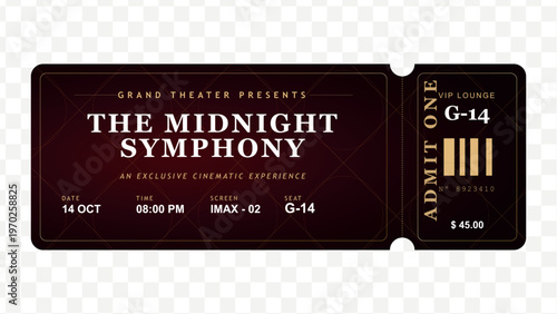 cinematic experience ticket, movie ticket stub, event admission pass, midnight concert ticket