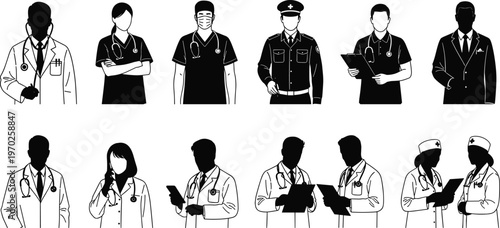 Professional black and white vector silhouettes of diverse healthcare workers including doctors nurses and medical staff isolated on white background for hospital design