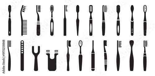 Various toothbrush types black icons set for daily oral cleaning and dental health routine