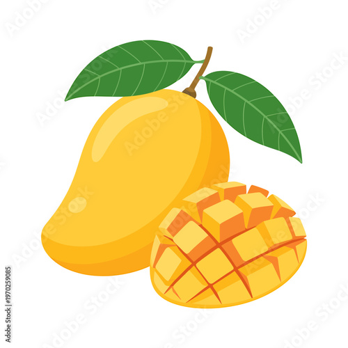 Fresh mango fruit with leaves and sliced mango pieces isolated on white background