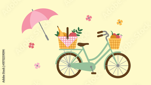 Cute bicycle with baskets full of fresh fruits and pink umbrella  leisurely outdoor activity