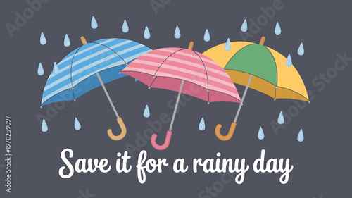 Colorful umbrellas with raindrops on a gray background with save it for a rainy day text