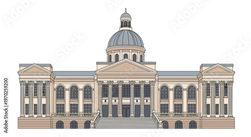 An expansive classical architectural structure in warm tan tones showcases a massive row of tall Corinthian columns and a central grey dome roof.