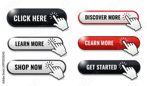 Click Here Button Set with Hand Cursor Web UI Vector Illustration