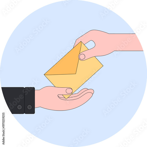 Hands passing and receiving a yellow sealed business envelope  office communication