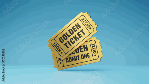 Two golden tickets on blue background for winning or lucky prize concept