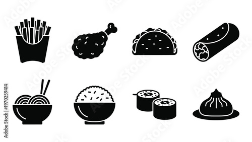 A collection of fast food and international cuisine icons presented in a minimalist black silhouette high quality professional detailed modern elegant