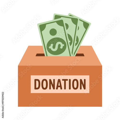 Cartoon illustration of a donation box with money being put in