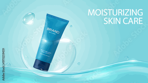 Moisturizing skin care product tube with water droplets on blue background