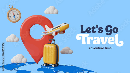 Yellow suitcase airplane red location pin map clouds compass travel concept