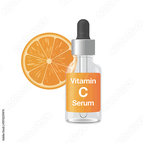 Vitamin C serum bottle with orange slice on white background