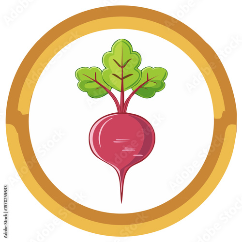 Cartoon beet with green leaves inside a golden circle border