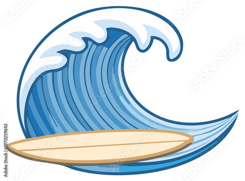 Cartoon wave curling over an illustration of a surfboard, ready for surfing fun.