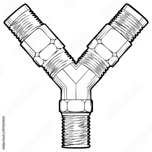 Industrial Y shaped pipe adapter with external threads vector illustration