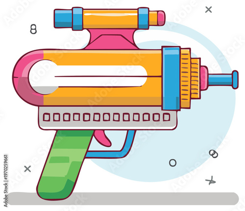 Colorful sci fi ray gun illustration. Retro cartoon space laser blaster toy for kids.