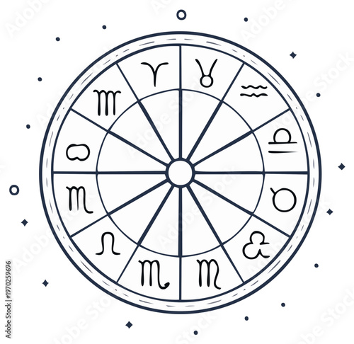 Astrological Wheel with Zodiac Signs Illustration in Simple Line Art