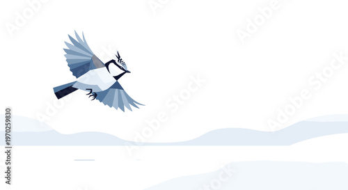 A stylized geometric blue jay with sharp angular wings glides gracefully over a minimalist snowy winter landscape under a soft and diffused white light.