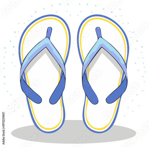 A pair of blue flip flops with yellow trim, a beachside essential for summer vibes and vacations