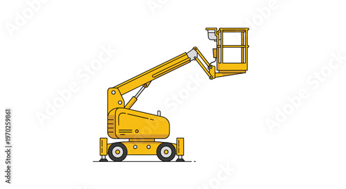 A pristine yellow telescopic boom lift with a sturdy grey work platform stands ready for high-altitude construction tasks against a solid white background.