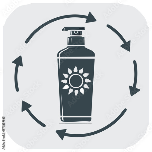 Sunscreen bottle with a sun symbol and circular arrows symbolizing protection and routine