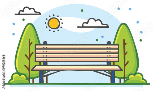Park Bench Trees with Clouds and Sun Illustration Graphics Concept