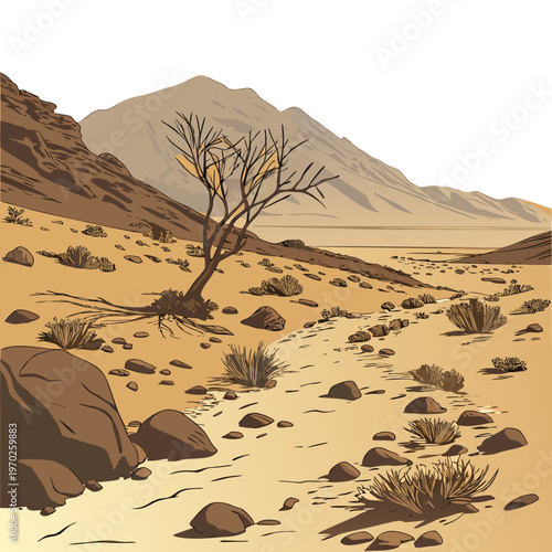 A stylized illustration depicts a desolate desert landscape with rocky terrain sparse vegetation and distant mountains high quality professional detailed