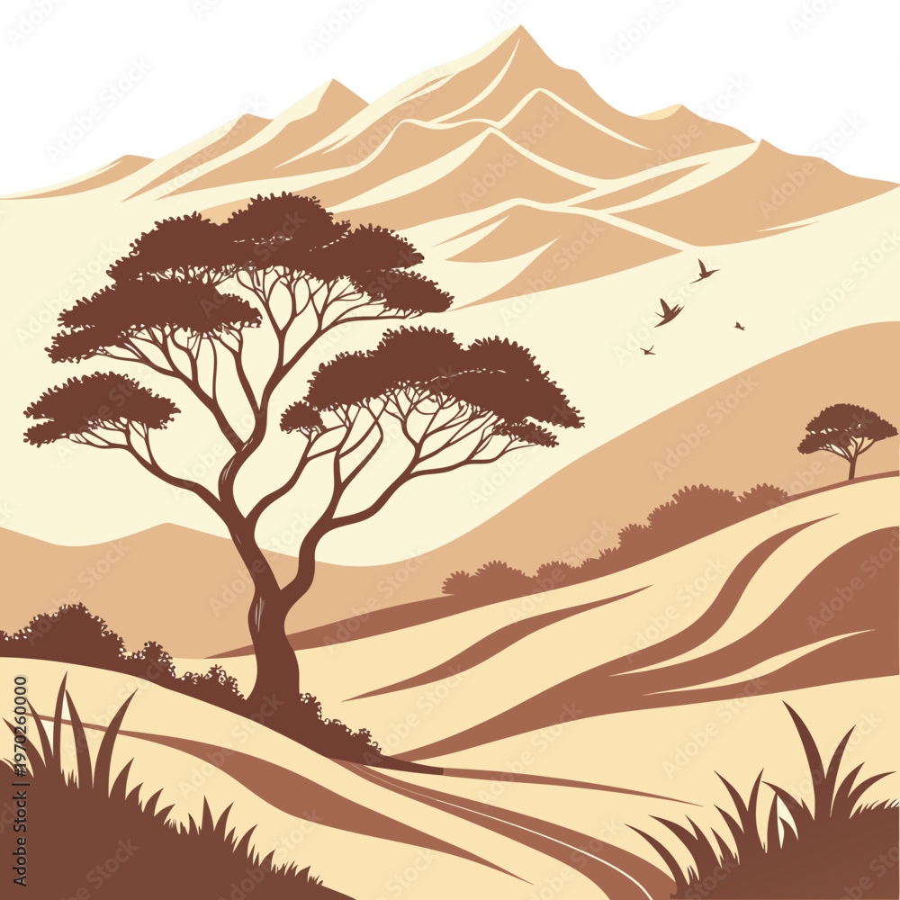 Fototapeta premium A stylized illustration depicts an african savanna landscape with acacia trees rolling hills and a mountain range in the background