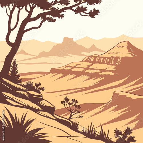 A serene landscape depicts a stylized desert scene with mountains a waterfall and sparse vegetation under a warm sky