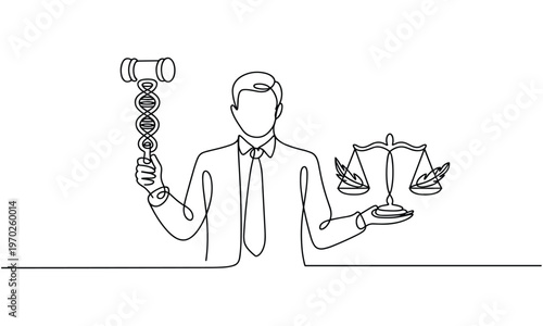 Lawyer Holding A DNA Helix Gavel And Scales Of Justice.