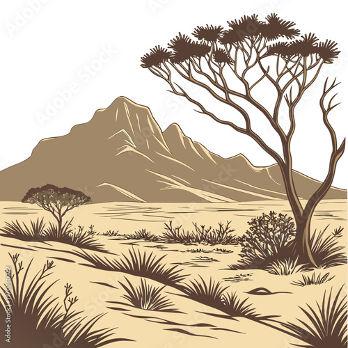 Quadro em tela A detailed illustration depicts a serene african savanna landscape featuring mou