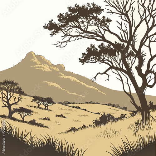 A serene landscape illustration depicts a mountain range with sparse trees and grassy fields under a pale sky high quality