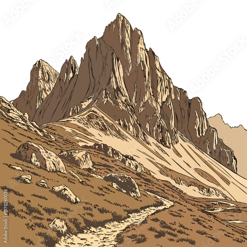 A detailed illustration showcases a rugged mountain range with a winding path leading towards its imposing rocky peaks high quality