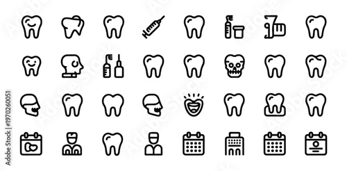 Dental clinic linear icons set including tooth syringe calendar and medical staff symbols