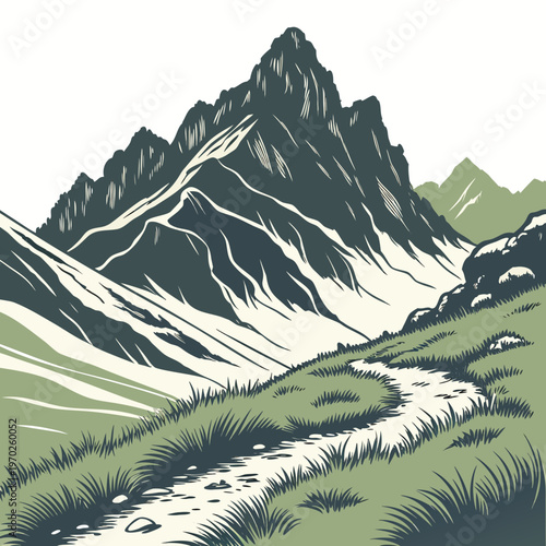 A striking linocut style illustration depicts a rugged mountain landscape with a winding path leading towards the peaks high quality