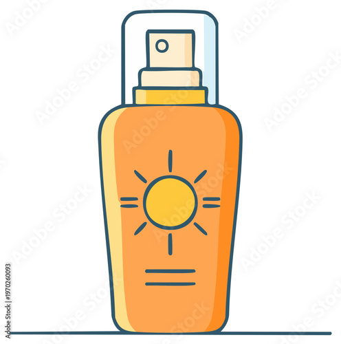 Orange spray bottle with sun icon for sun protection lotion in cartoon style