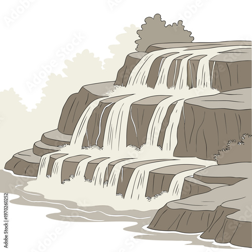 A stylized illustration depicts a cascading waterfall flowing over tiered rock formations presenting a serene natural landscape scene high quality