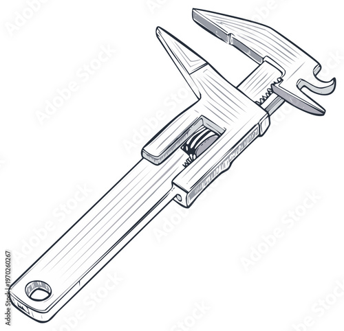 Hand drawn illustration of a multipurpose adjustable wrench tool