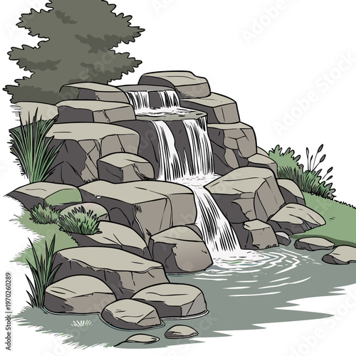 A cartoon illustration depicts a cascading waterfall flowing over layered rocks into a small pool surrounded by lush greenery