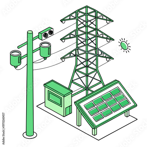 An isometric illustration depicts a green energy infrastructure including solar panels a power tower and electrical equipment high quality professional
