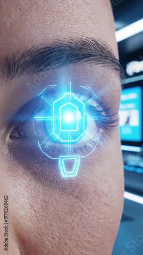 Close up eye with holographic icons overlay, biometric interface, digital technology, futuristic concept.