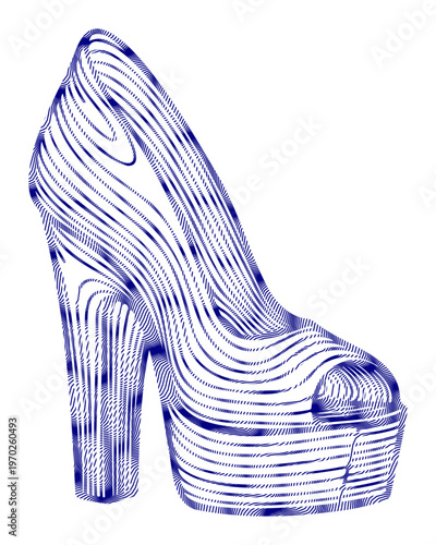 High-heeled shoe, blue lines, vector illustration, fashion design element, footwear