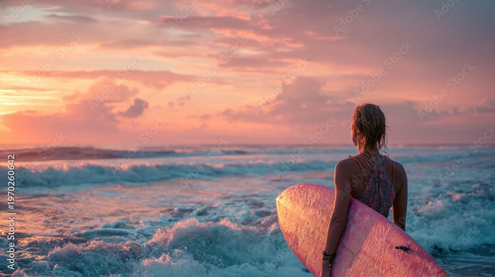 Fototapeta premium Surfer standing with board facing ocean waves at sunset