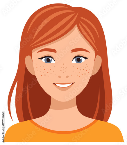 Smiling Woman with Freckles and Red Hair Illustration, Head and Shoulders