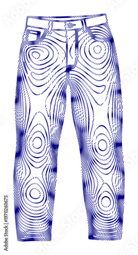 Psychedelic denim jeans vector, trippy blue line art trousers on white background