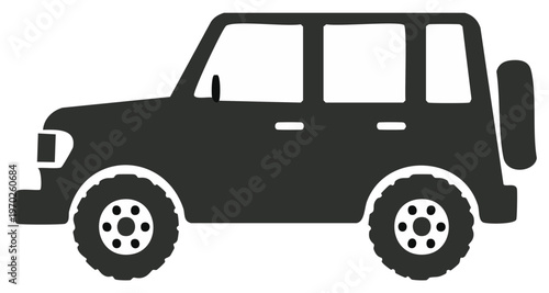 Black silhouette of a four door off road vehicle with a spare tire on the back