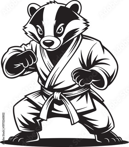 Badger Martial Arts Mascot Character Wearing a Traditional Karate Gi in a Powerful Combat Stanc