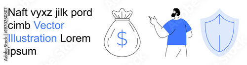Finance management, wealth security, savings, insurance policies, economics, financial guidance. A man pointing at a money bag and shield. Finance and wealth security idea
